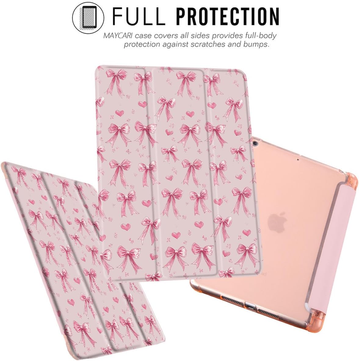 MAYCARI Pink Bows Fashion Case for iPad Pro 11 Inch Case 2022/2021/2020 with Pencil Holder, Love Hearts iPad Pro 4th/3rd/2nd Generation Soft TPU Back Protective Cover, Auto Sleep/Wake Slim Shell