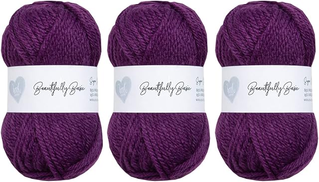 Wool Couture Beautifully Basic Chunky Yarn - 85% Premium Acrylic 15% Virgin Wool Bulky Weight Soft Blend  Easy to Use, Perfect for Beginners  3 Pack of 100g Balls  Amethyst Purple