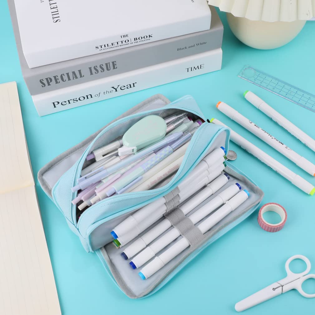 iSuperb Large 3-Compartment Pencil Case Pouch Big Capacity Pencil Bag Oxford Stationery Storage Pen Bag Cosmetic Makeup Pouch for Women Girls (Blue) - Image 3