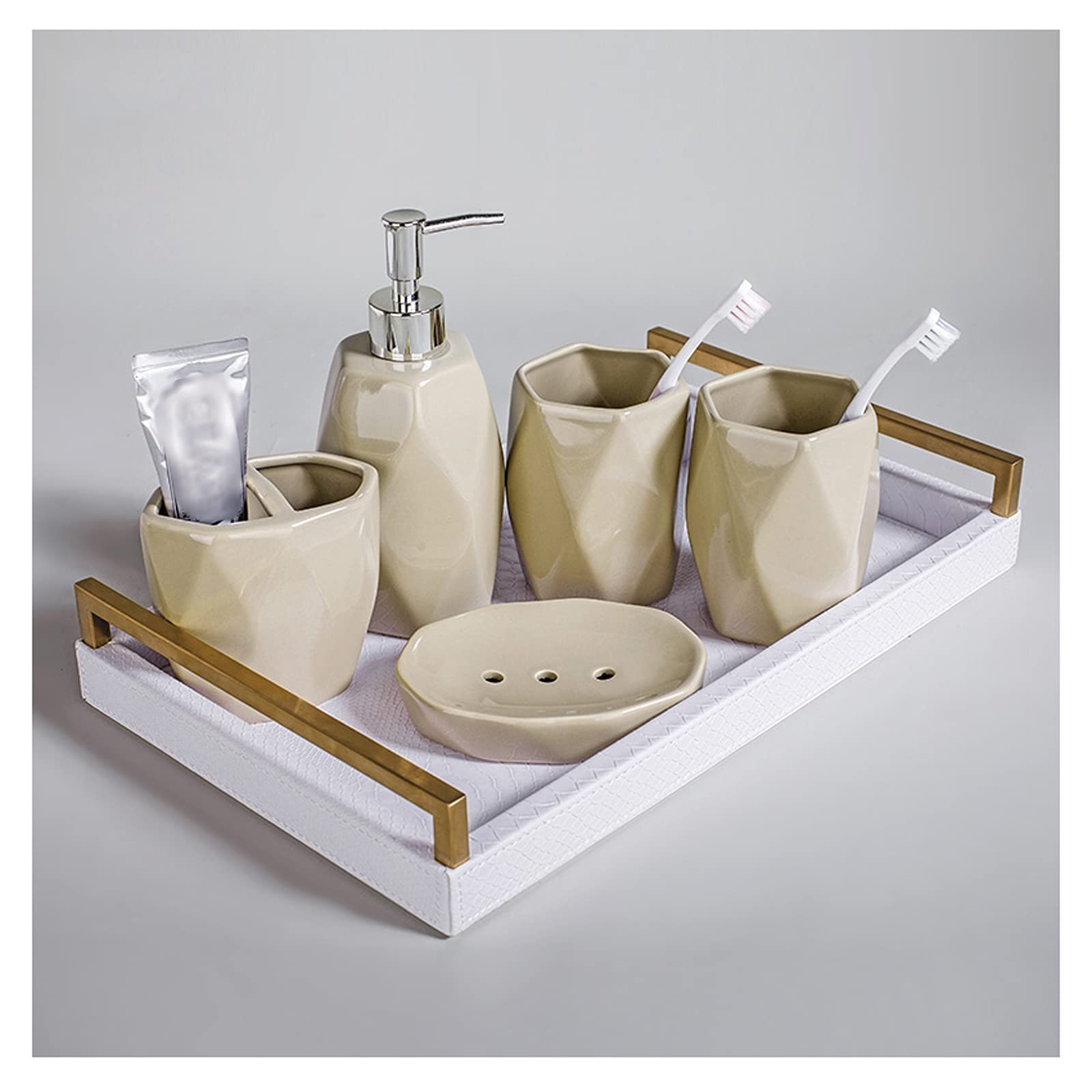 Zestaw 5-częściowy dozownika do mydła ceramicznego do domu i łazienki: butelka z balsamem/kubeczek do płynu do płukania ust/uchwyt na szczoteczki do zębów/mydelniczka (w kształcie diamentu) (kolor: