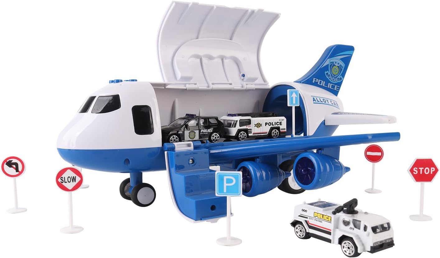Police Airplane Toy Cargo Transport Playset with Real Steam Mist Spray - 3 Die-Cast Alloy Police Cars & Road Signs, Friction Powered Airplane with Lights and Sounds, Gift for Toddlers & Kids Ages 3+