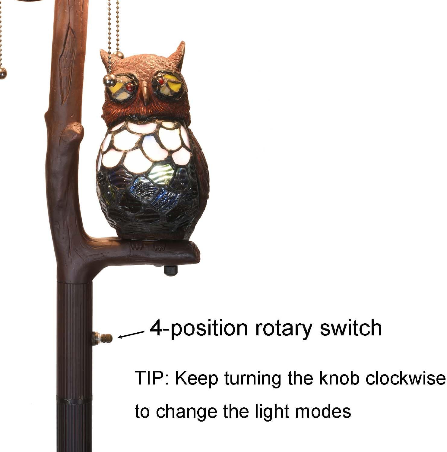 Bieye L10984 Tiffany Style Stained Glass Owl Floor Lamp, 18" W x 65" H Standing Lamp with Night Light for Living Room Bedroom Decor