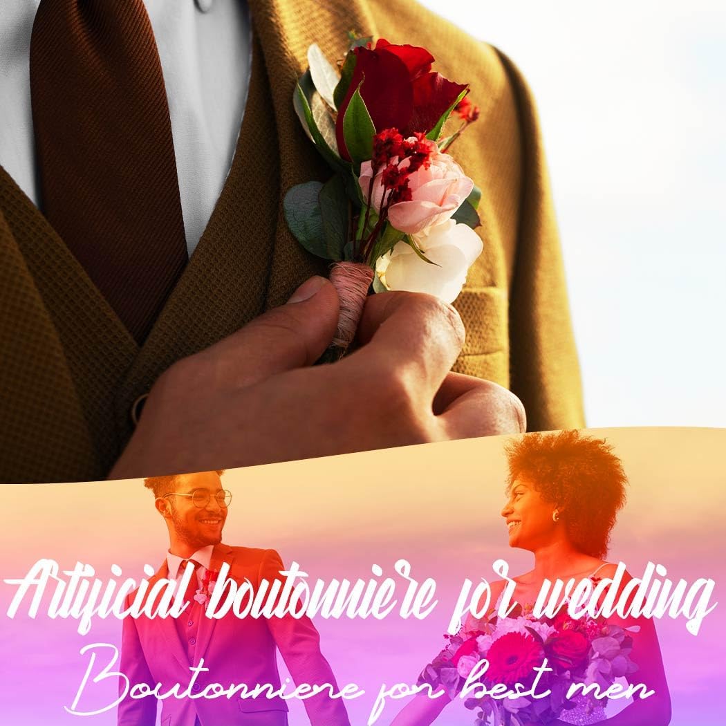 Wedding Flower Boutonniere Groom Rose Buttonholes Prom Suit Decoration for Men (White) image 2