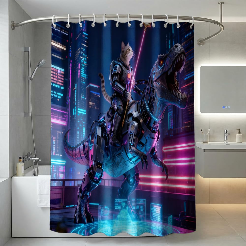 Rohxyzo Funny Cat Shower Curtain, Riding Dinosaur Curtain 180 x 180 cm - Humorous Bathroom Decor, Polyester Fabric Wet Room Curtains with 12 Hooks, Washable and Playful Design