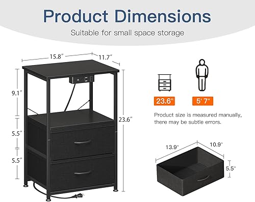 Miniatura 3 de Casaottima Mesita de noche con estación de carga y luces LED, mesa auxiliar para dormitorio con 2 cajones de tela, mesita de noche pequeña con