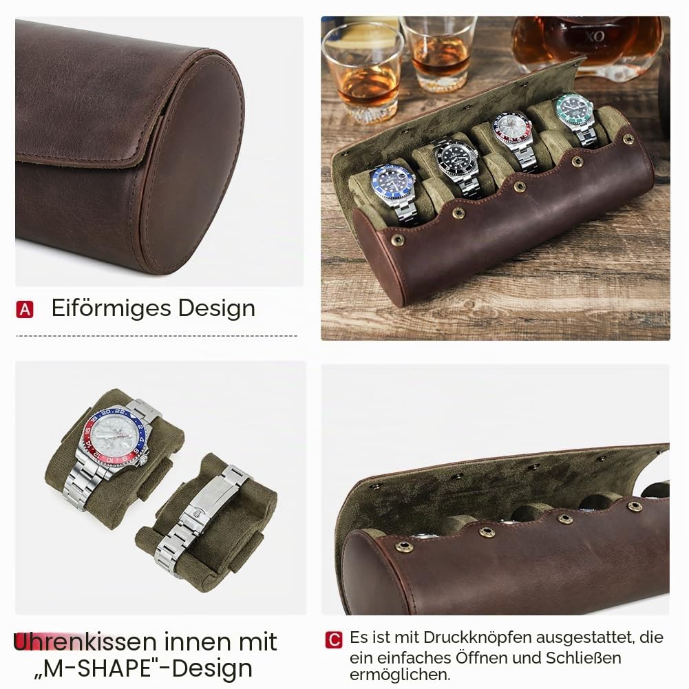 Hiram Uhrenkoffer-Rolle, Echtes Leder Uhren Aufbewahrungsbox 4 Uhren Reiseetui mit abnehmbarem Kissen Tragbarer Uhren-Schutz-Organisator