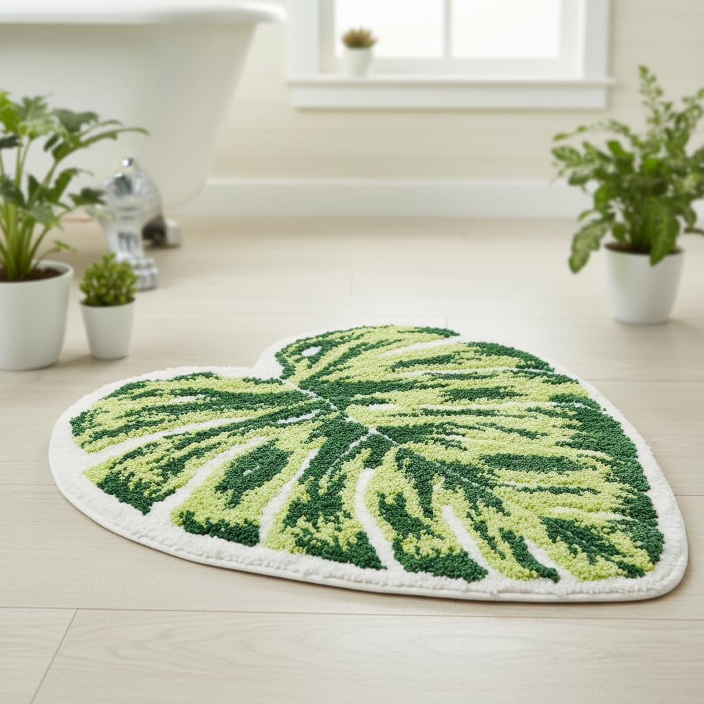 Leaf Rug Monstera Bath Mat: Tropical Green Plant Shaped Soft Plush Non Slip Machine Washable Carpet for Shower Floor Bathroom Kitchen and Nursery Decor (L-2'2" × 2'8")