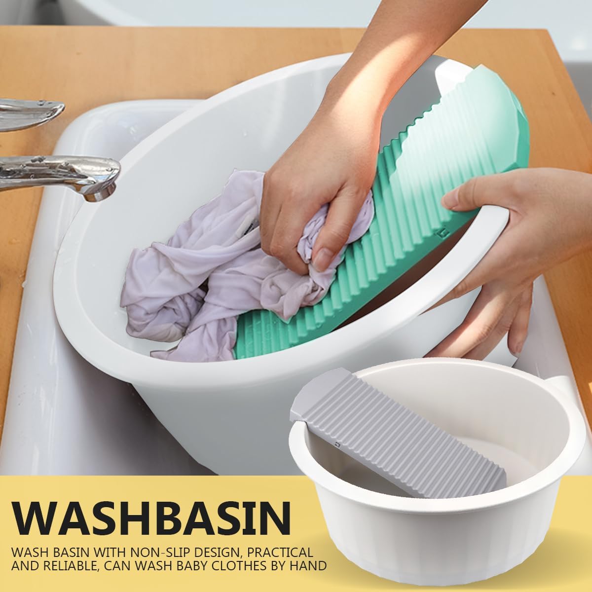 DOERDO Washboard Basin Laundry Wash Basin Hand Washboard for Laundry Washing Clothes Portable Washtub for Home Bathroom,13.9x5.4 Inch, White