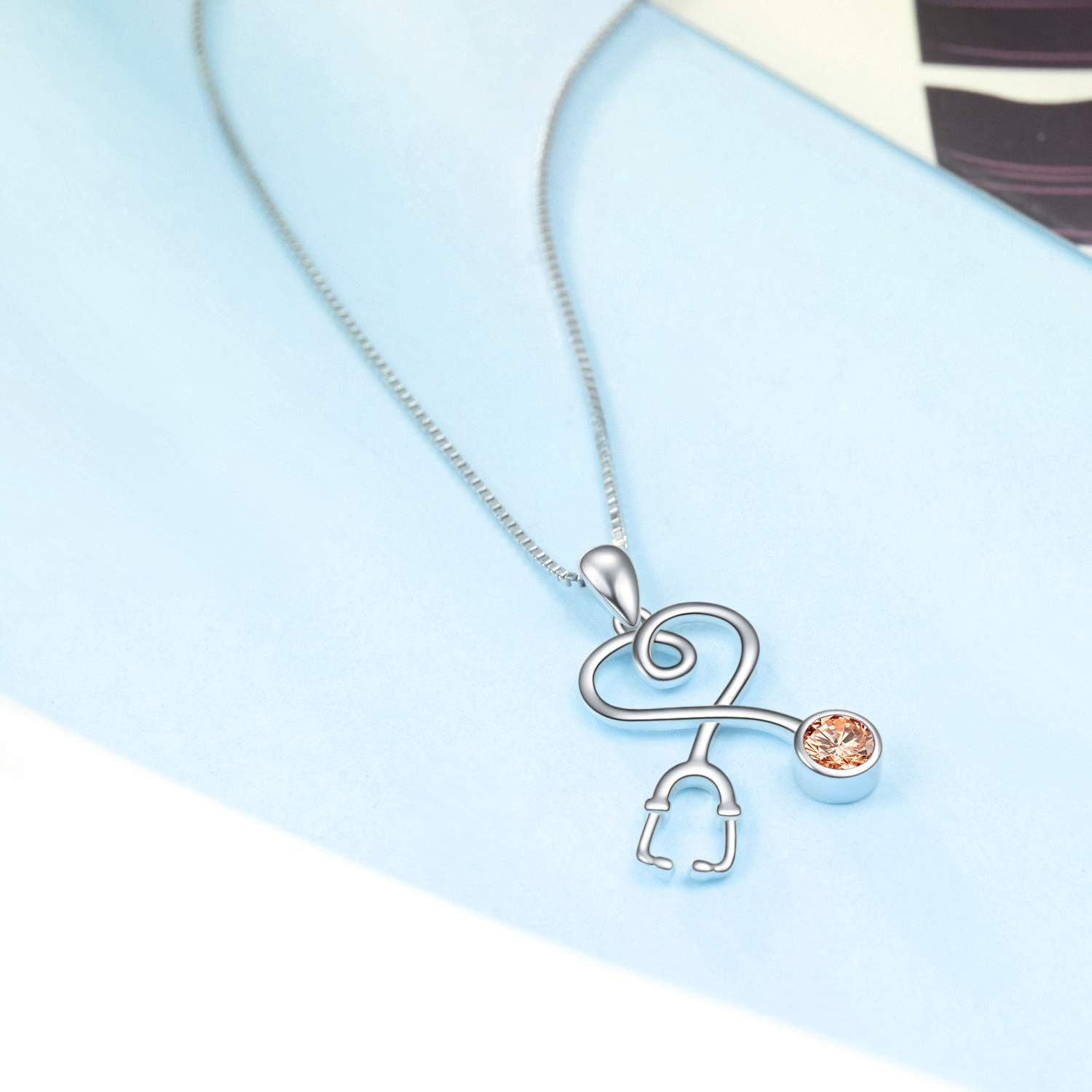 AOBOCO Stethoscope Necklace 925 Sterling Silver Embellished with 12 Months Birthstone Crystals from Austria, Graduation Gifts Medical Jewelry for Doctor Nurse Medical Student RN image 3