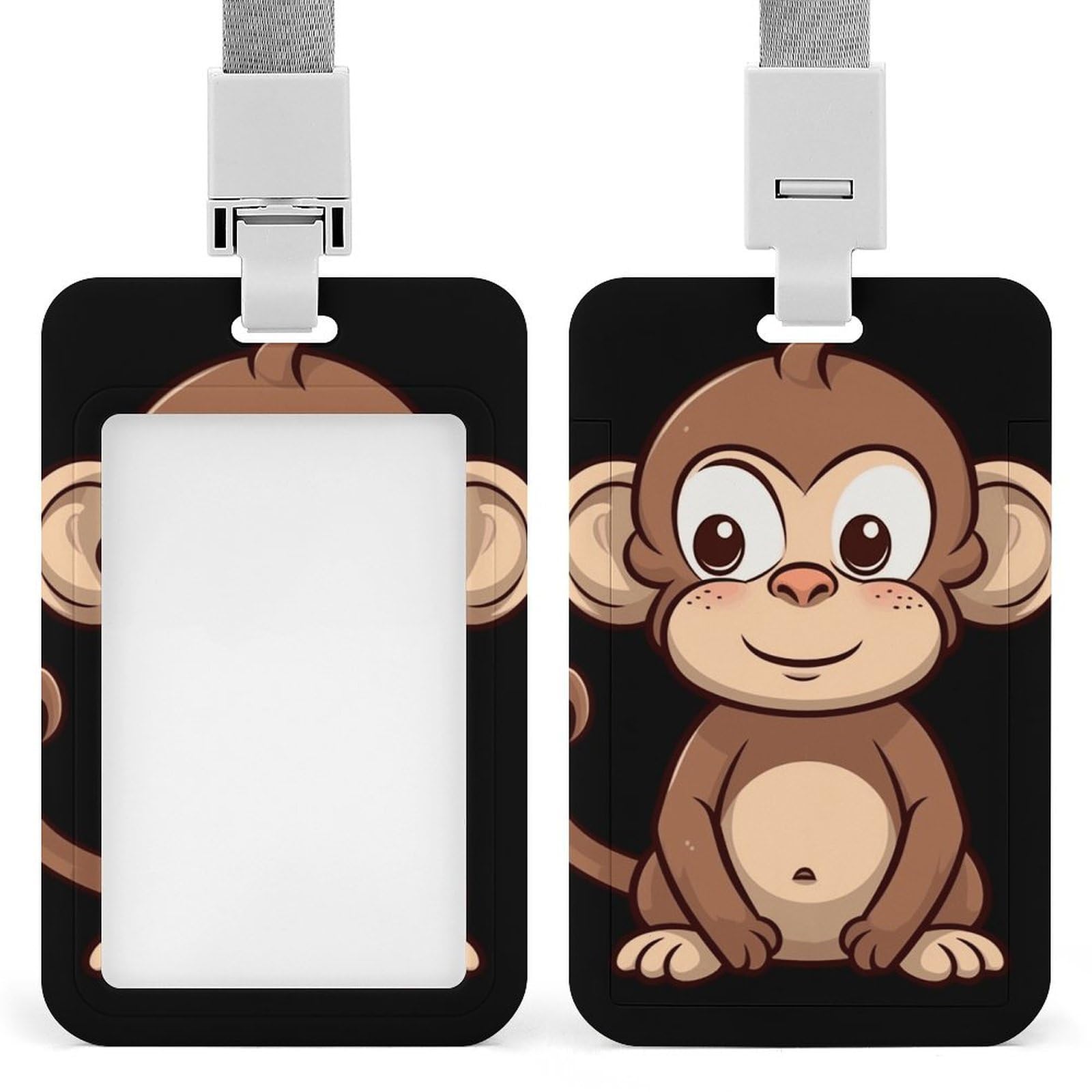 ID Card Holders for Lanyard,Cartoon Brown Monkey Printed Badge Holder with Clear Window,Plastic Vertical Bus Pass Holders for Work Teacher Nurse Employees Proximity Key Cards Women Men — image 1