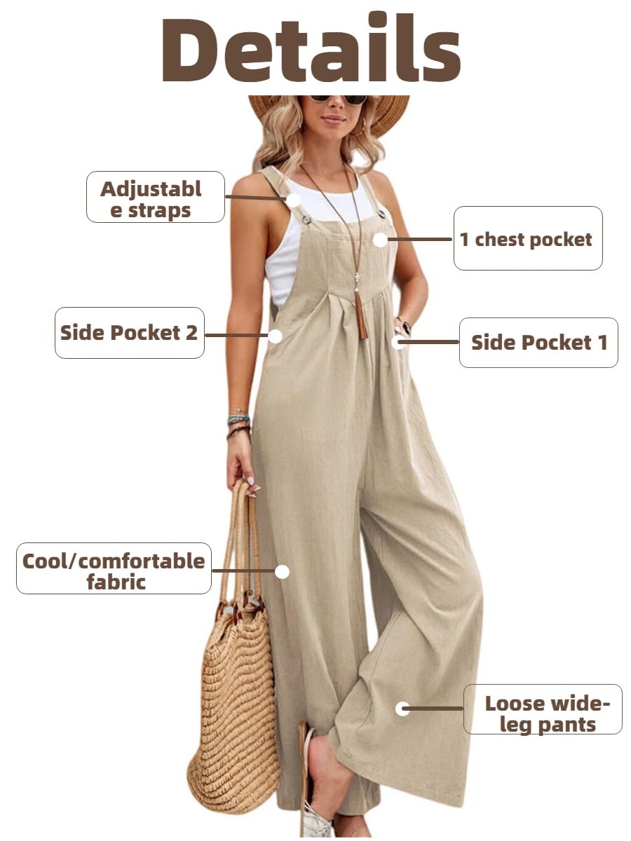 Mono Peto Suelto Mujer Verano Tirantes Finos Pierna Ancha Bolsillos Casual Color Sólido Overol Holgado Correa Ajustable Mamelucos