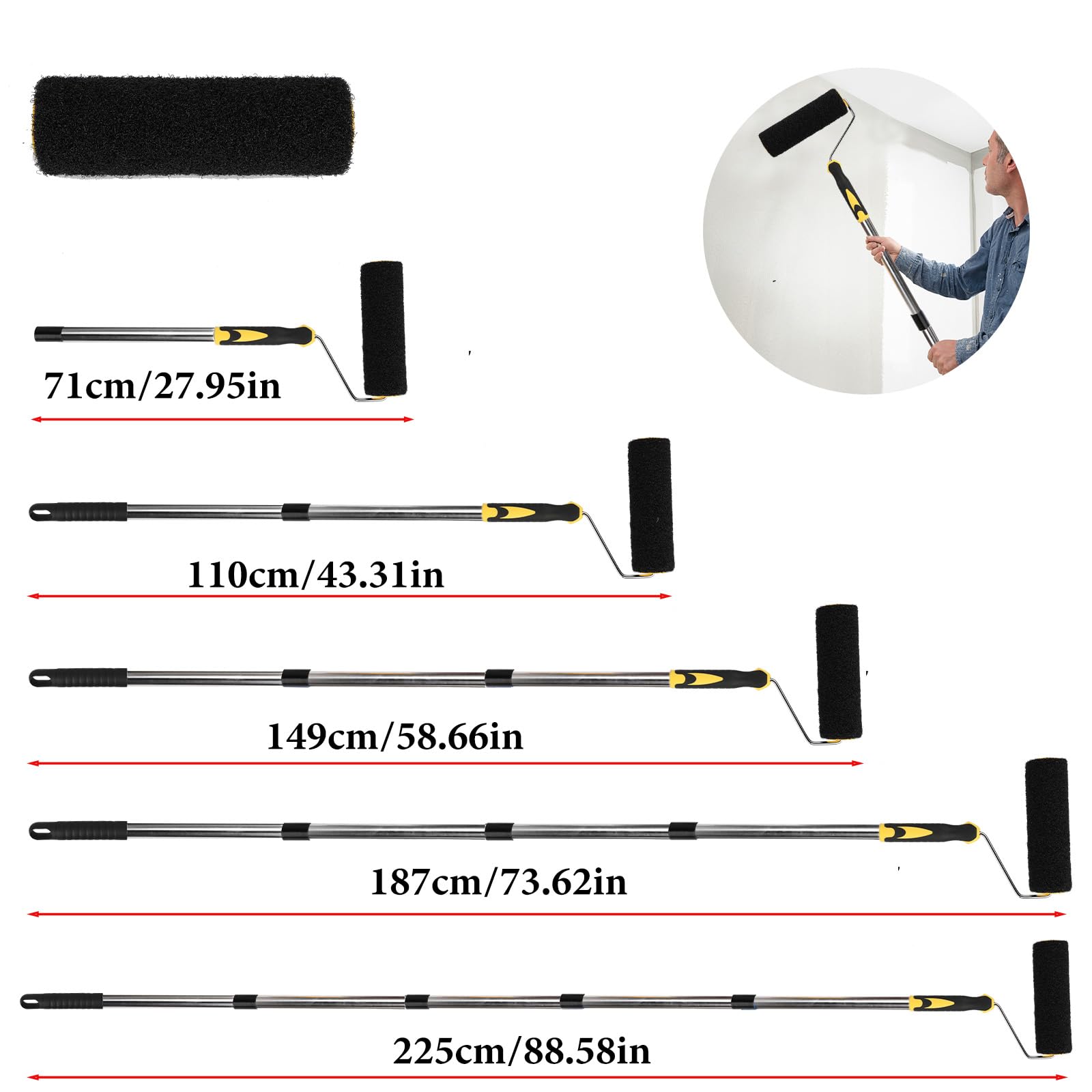 Qivine Kit Spatola per Stucco, 40cm Spatole per Stucco con Rullo per Stucco & Asta Telescopica in Acciaio Inossidabile da 2 m & 2 Blocchi di Sabbia per Intonacare Pareti e Soffitti