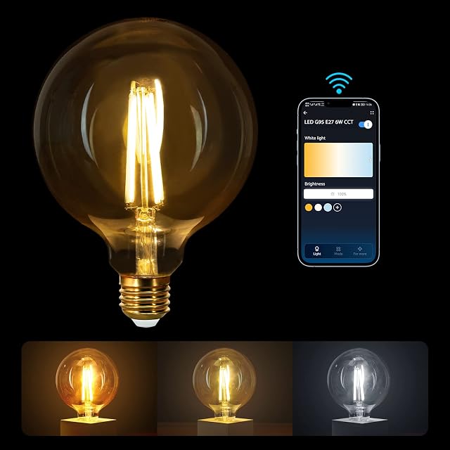 Aigostar G125 Large Light Bulb, Smart Bulb E27 Globe Bulb, WiFi Smart Bulb 6W LED Filament Bulb Works with Amazon Alexa and Google Home, Dimmable 2700-6500K Warm to Cool Vintage Alexa Light Bulb