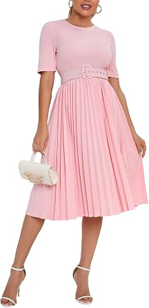 Womens Pleated Dress Short Sleeve Maxi Dress Plain Dress with Belt