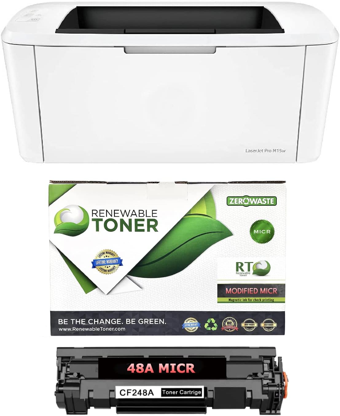 RT Laserjet Pro M15w Monochrome Wireless Printer with OEM Modified 48A CF248A MICR Toner Cartridge for Printing Business and Personal Checks