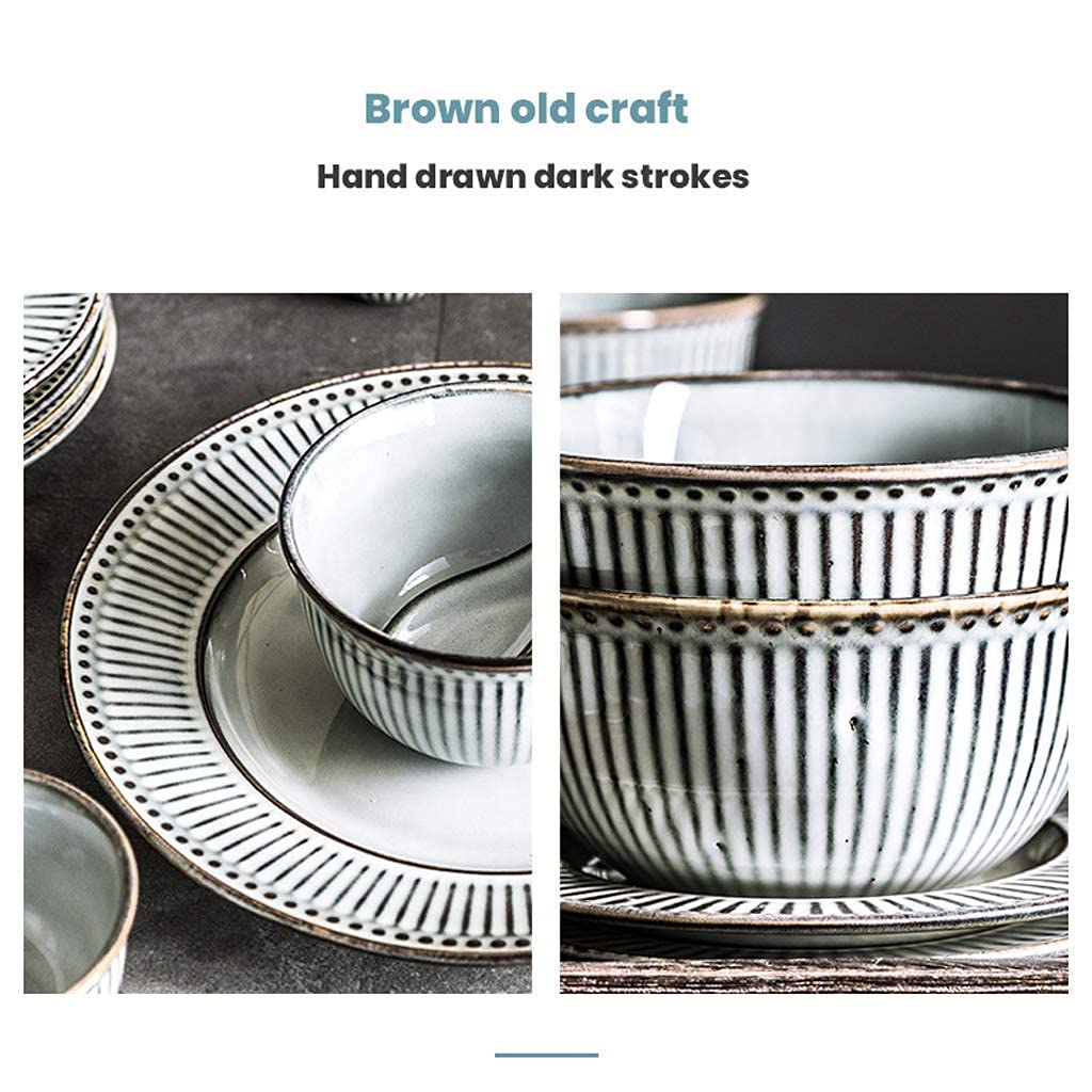 Zestaw obiadowy, Zestawy obiadowe ceramiczne, 38 elementów, retro tłoczone pionowe paski, zestaw obiadowy, porcelanowa miska na płatki zbożowe, łyżka i talerz dla rodziny Gatheand Restaurant