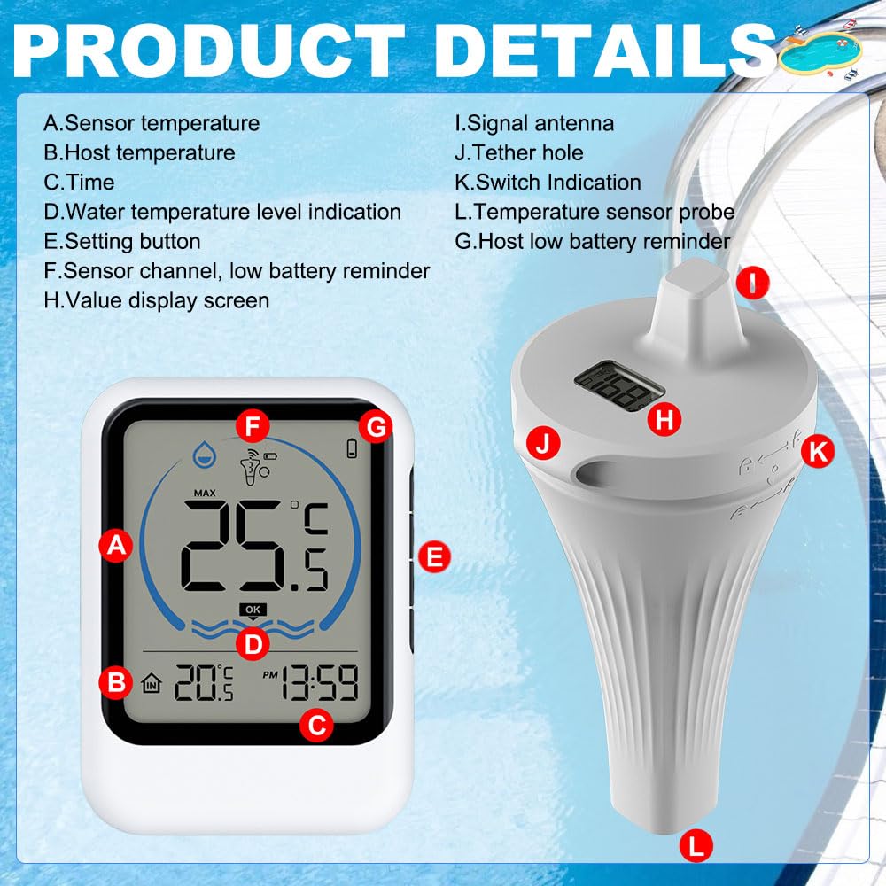 Thermomètre Piscine Sans Fil, Thermomètre de Piscine Flottant avec Capteur Extérieur, Thermomètre Piscine Connecté WiFi pour Spa, Jacuzzi, Baignoire et Étangs (Sans Pile)