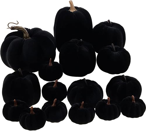 Juego de 16 calabazas negras de terciopelo sintético de Halloween, calabaza de espuma falsa de Halloween, decoración de cocina de Acción de Gracias,
