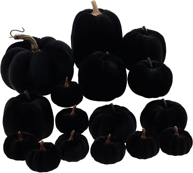 16pcs Black Halloween Faux Velvet Pumpkins Decorative Set Halloween Fake Foam Pumpkin Thanksgiving Kitchen Decor Fall Church Decoration