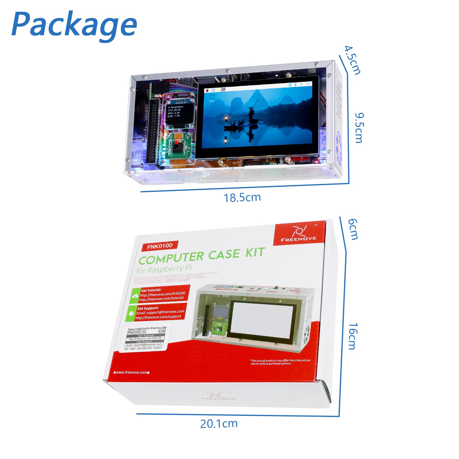 Freenove Computer Case Kit for Raspberry Pi 5 (Not Included), 128GB M.2 NVMe SSD 800 MB/s, 4.3 Inch Touchscreen, 5 MP Camera, OLED Screen, Stereo Speakers, 3.5 mm and Optical Audio (S/PDIF)
