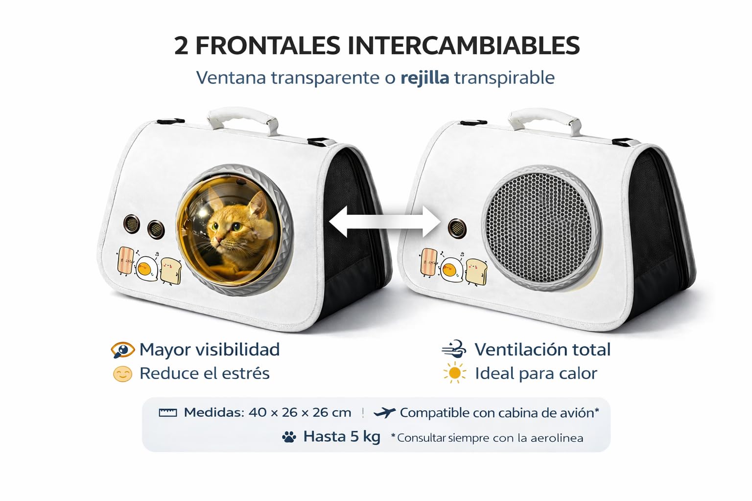 Transportín Gato y Perro Pequeño hasta 5 kg – Mochila/Bolsa de Transporte Plegable – Apto Cabina Avión 40x26x26 – Uso Coche y Viajes Cortos – Cat & Dog Carrier