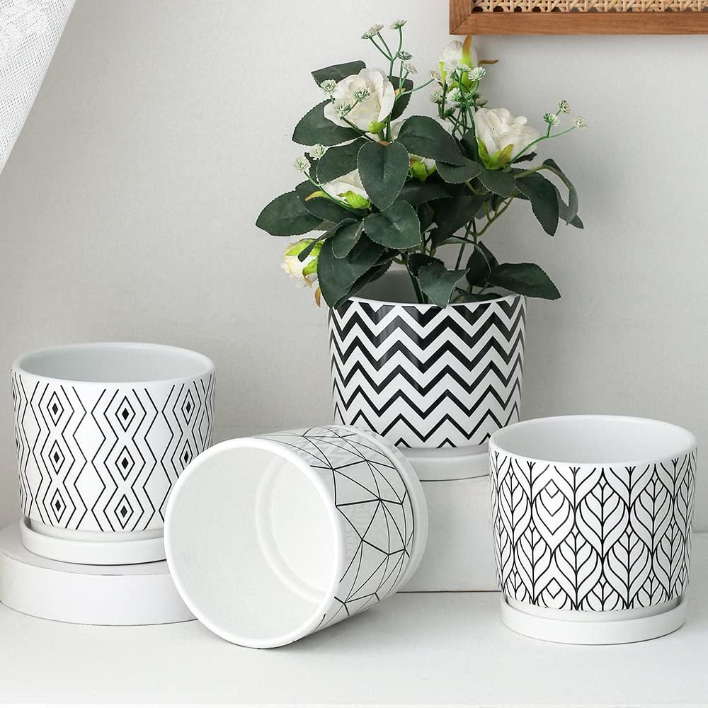 Set of 4 White Ceramic Planters with Drainage Holes