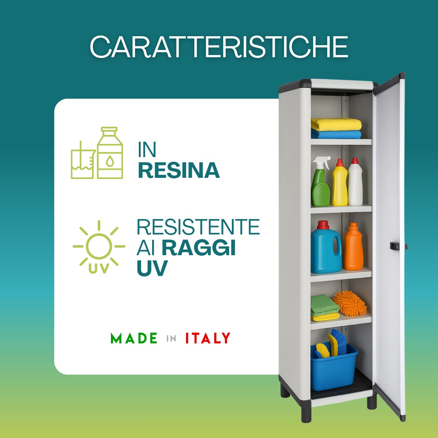 PALUPLUS Ripostiglio a 1 Anta in Resina di colore Grigio, Misura 39x39x175 cm, Armadio Alto con 5 Ripiani Multiuso, Mobile da esterno con piedini antiscivolo, Made in Italy -012F