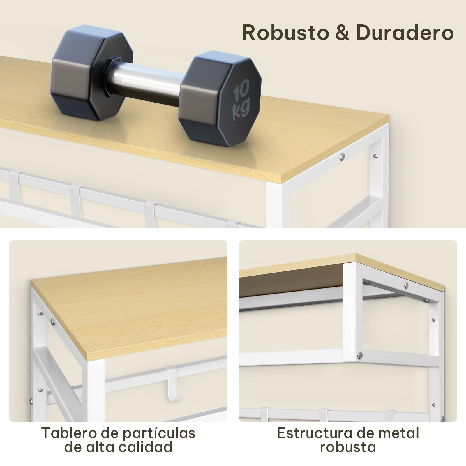 eSituro Perchero de Pared con Estante, Estantería de Pared con 10 Ganchos, Perchero para Colgar Ropa, Toallero Baño, Percha para Salón, Pasillo, Entrada, 80x41x30 cm, Blanco + Madera natural