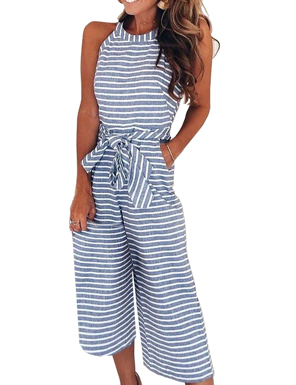 FeelinGirl Women's High Waisted Striped Jumpsuit Trousers with Bow and Wide Legs Blue S