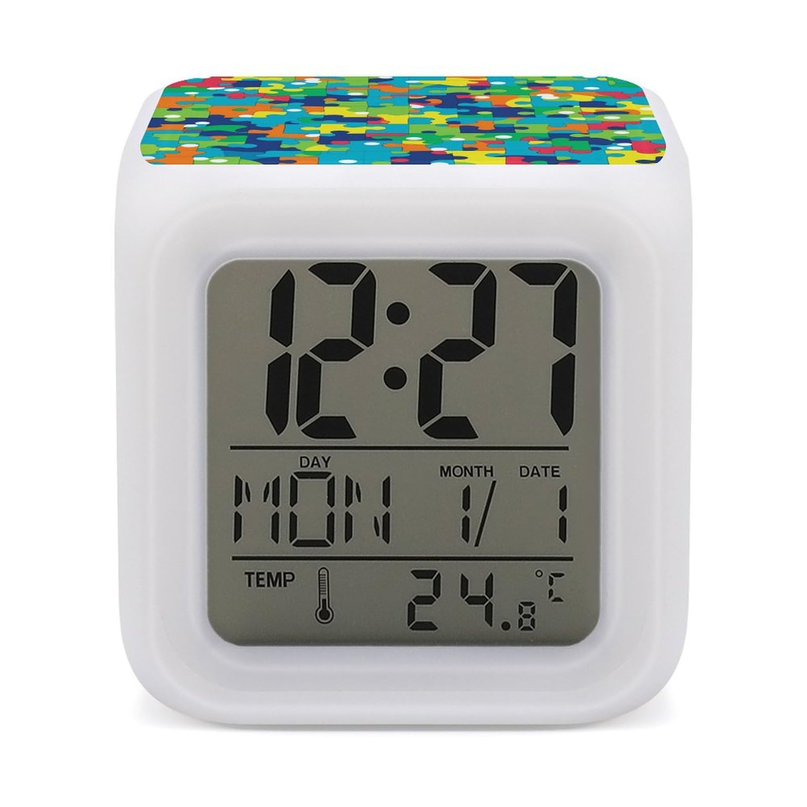 JTREHY 7 Color Changing LED Digital Alarm Clock,Color Puzzle Printed Wake-up Clock with Temperature Display Home Decoration Alarm Clock for Bedroom Office
