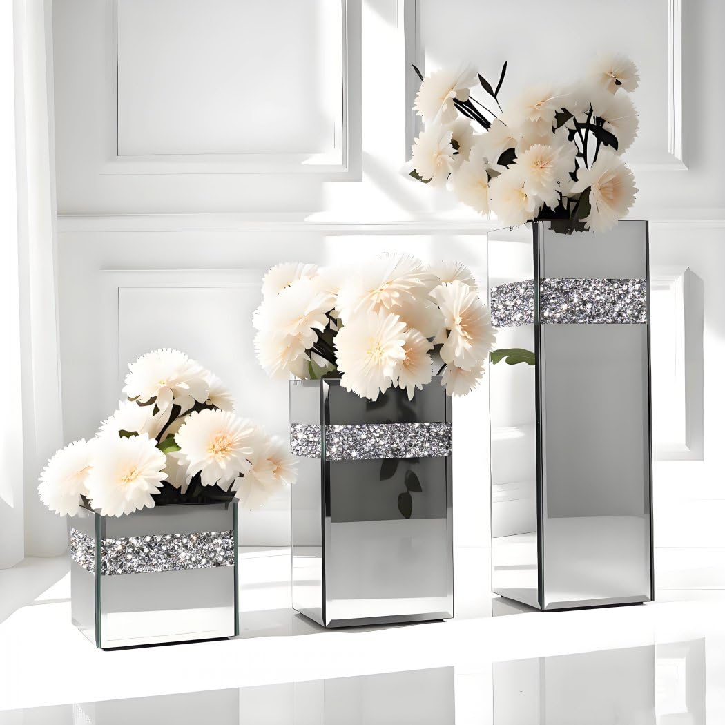 ALLARTONLY Crushed Diamond Spiegelvase, 3-teiliges Set (klein, mittel, groß) Kristall-Silber Spiegelglas, atemberaubende dekorative Blumenvase, Luxus für die Heimdekoration Kann kein Wasser aufnehmen.