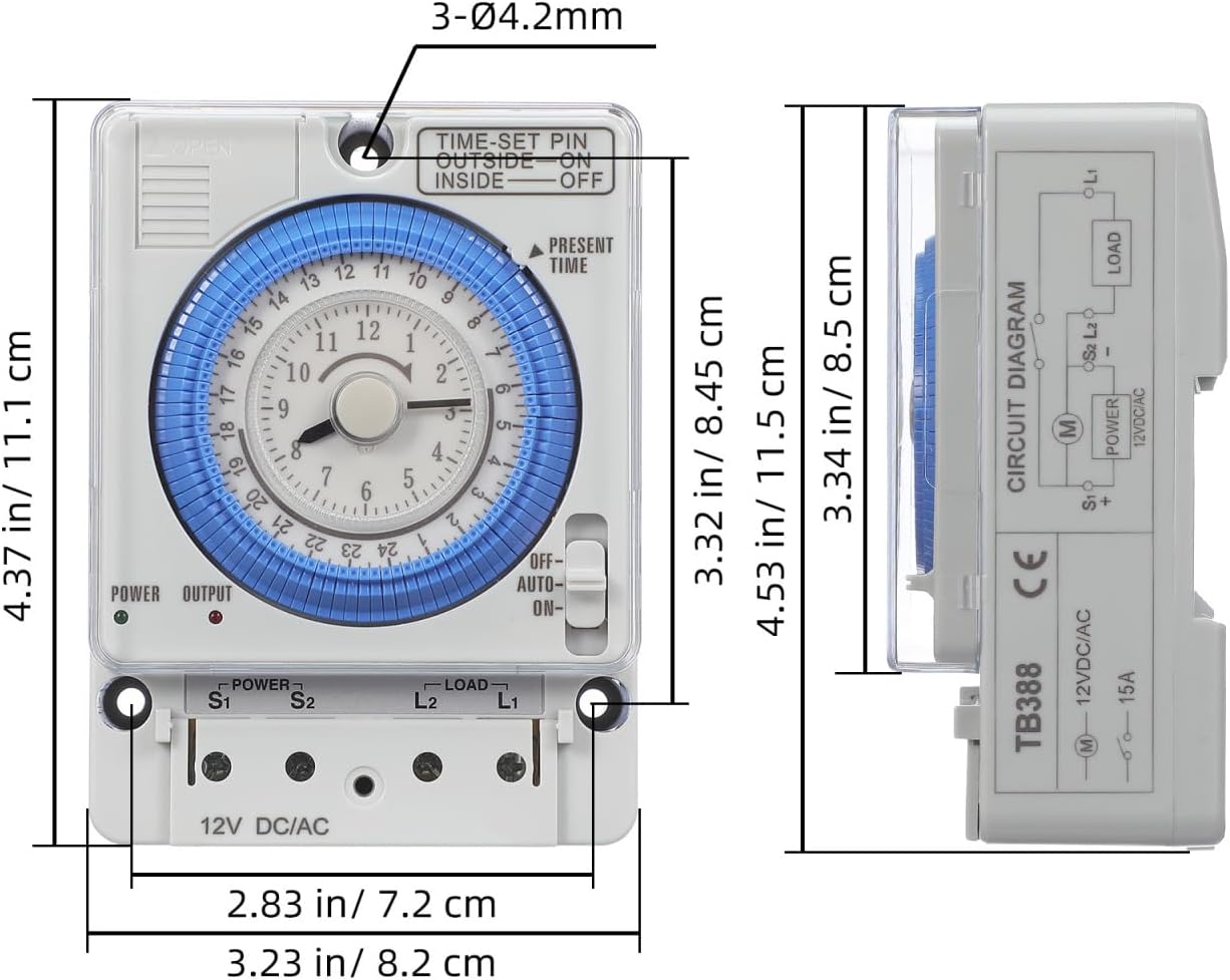 Diagram showing the dimensions of the TEHAUX TB388 Mechanical Timer in inches and centimeters.