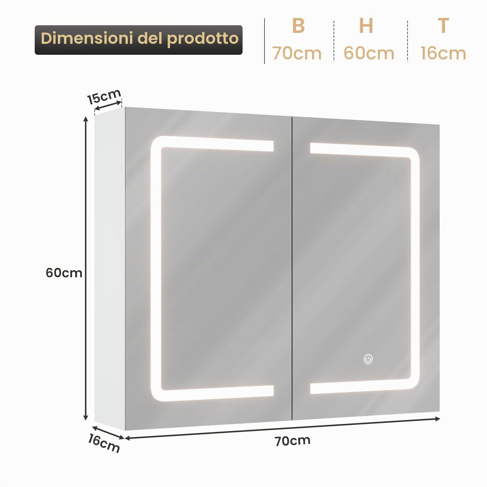 DICTAC Specchio Contenitore Bagno con Luce Led e Presa Elettrica 70x16x60cm Armadietto Specchio bagno Sospeso con Luce e 2 Ante,Mobile Bagno sospeso con specchio e Mensola Regolabile,Bianco