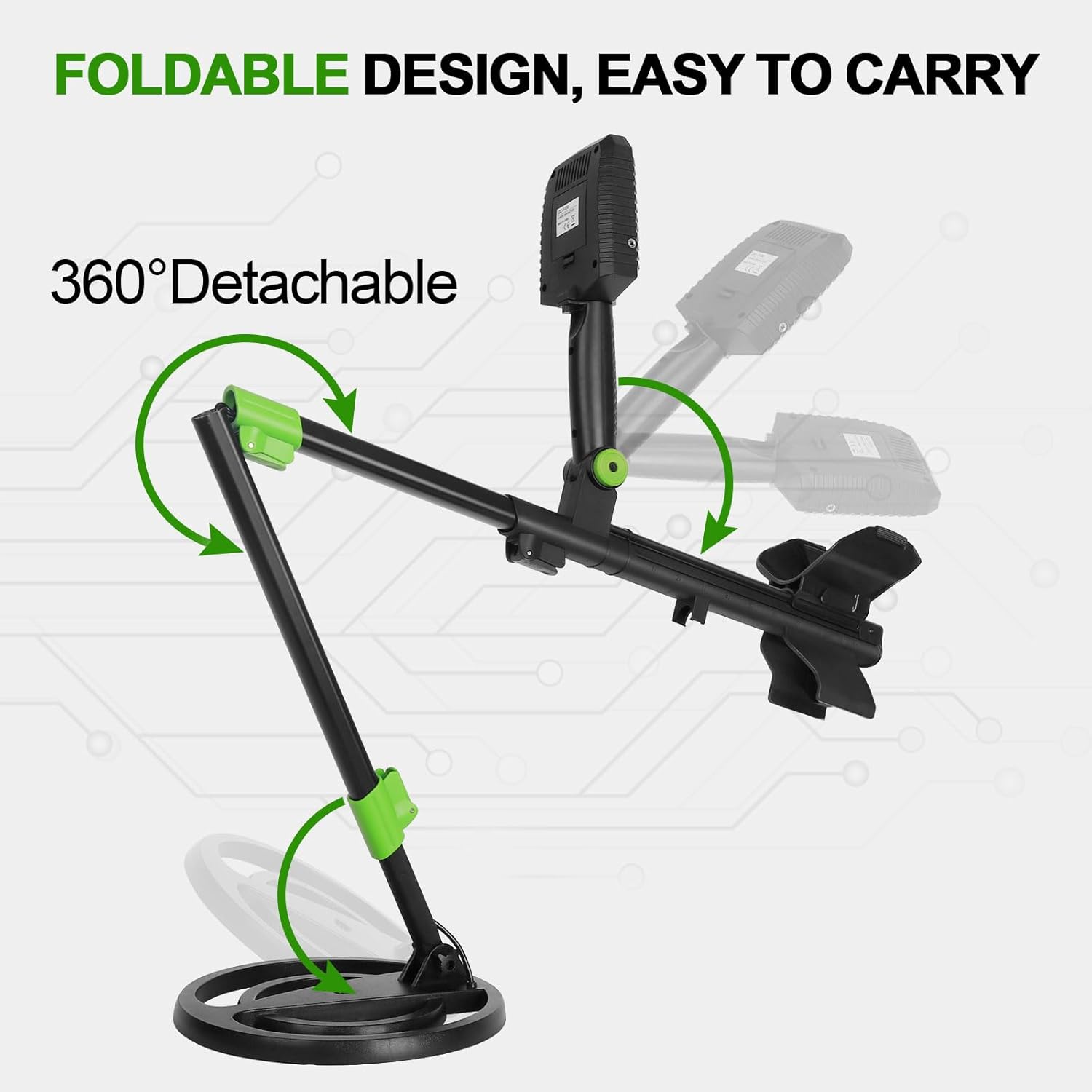 Diagram showing the foldable design of the OMMO Metal Detector, illustrating how it folds for portability and unfolds for use.