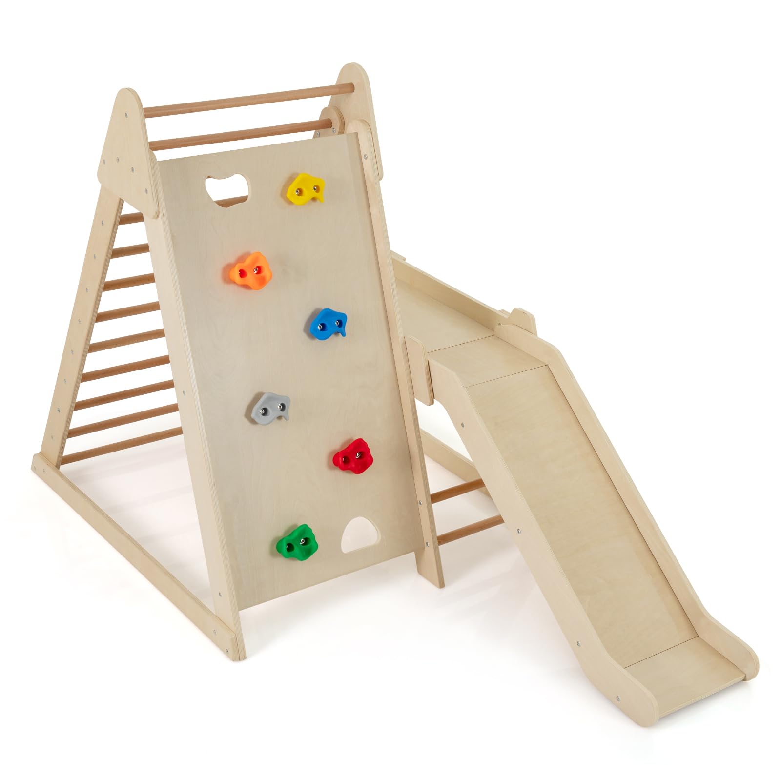 COSTWAY Indoor Climbing Frame for Toddlers, 3 in 1 Wooden Jungle Gym with Slide, Climbing Rock & Ladders, Indoor Montessori Climber for 3+ Years Old (Natural)