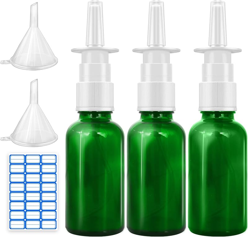 Cupohus Frascos Spray Recarregáveis de Vidro Verde 30 mL, Pacote com 3, com Funis e Etiquetas