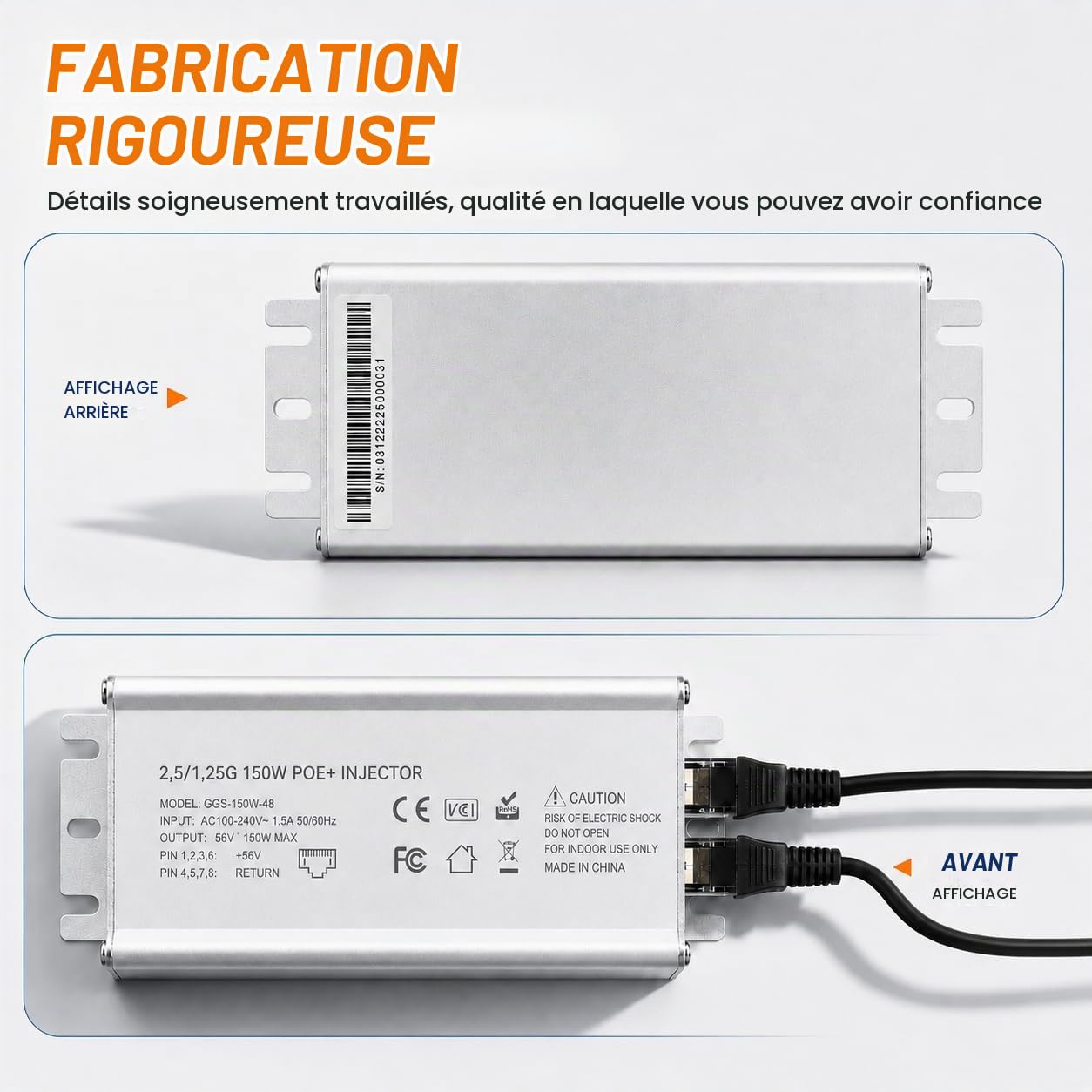 Elfcam - 150W PoE Injecteur 2,5Gb/1,25Gb pour Starlink Gen 3/2, Alliage d'Aluminium pour Une Excellente Dissipation de la Chaleur，Entrée 100-240V AC et Sortie 150W 48V-56V