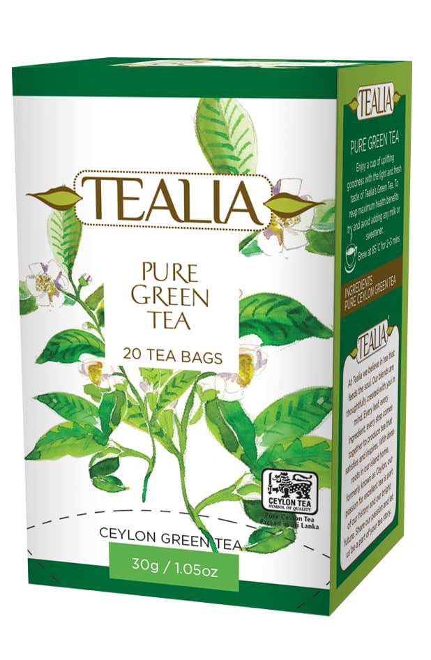 Tealia Pure Ceylon Green Tea – 20 Individually Wrapped 2g Tea Bags | Smooth & Refreshing | Matcha & Gunpowder Alternative | Antioxidant-Rich for Daily Wellness