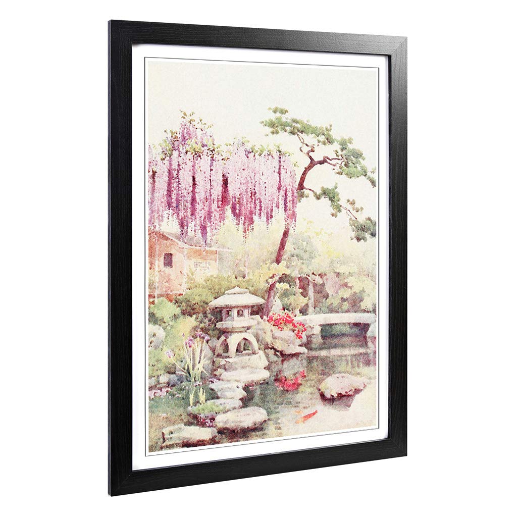 Big Box Art Framed Print of Ella Du Cane Japanese Oriental Wisteria in a Kyoto Garden Design | Wall Art Picture| Home Decor for Living Room, Bedroom, Office, Black, A2 / 24.5x18 Inch / 62x45cm