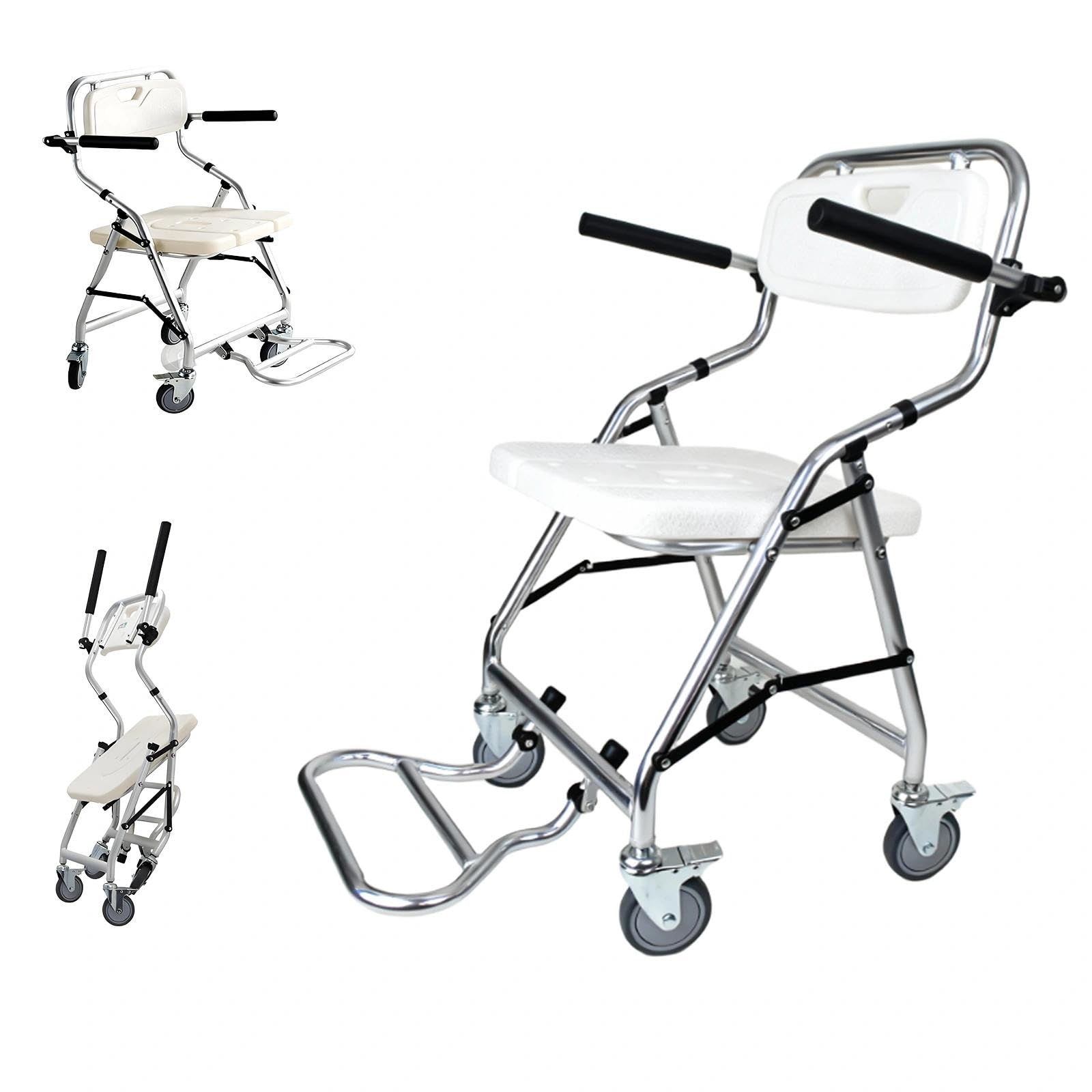 Silla Ducha WC con Ruedas, Silla Ducha Personas Mayores y Pies Abatibles, Silla con Inodoro Incorporado, Taburete de Ducha Plegable con Ruedas para Personas Minusvalidos, Carga 120KG