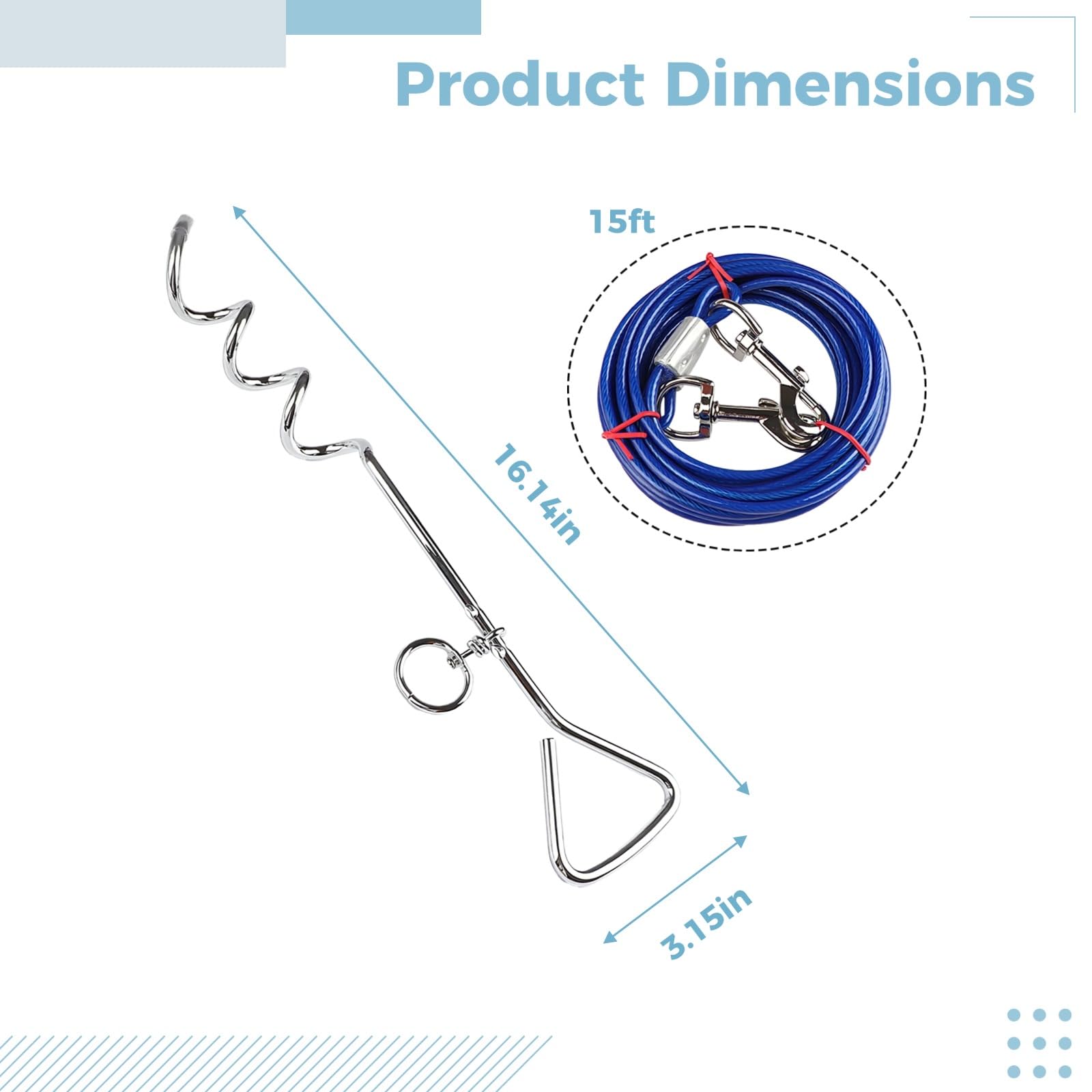 Guinzaglio per cani, picchetto, ancoraggio a spirale da 41 cm con cavo da 5 m, robusto ancoraggio per cani con picchetto in acciaio cromato e corda in acciaio rivestita in PVC