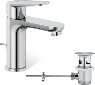 KLUDI-X1 Wasserhahn Bad mit Zugstangen-Ablauf, Auslaufhöhe 95 mm, wassersparende Waschtischarmatur Größe M, Keramikkartusche, Mischbatterie Waschbecken inkl. Anschlussschläuche in Chrom
