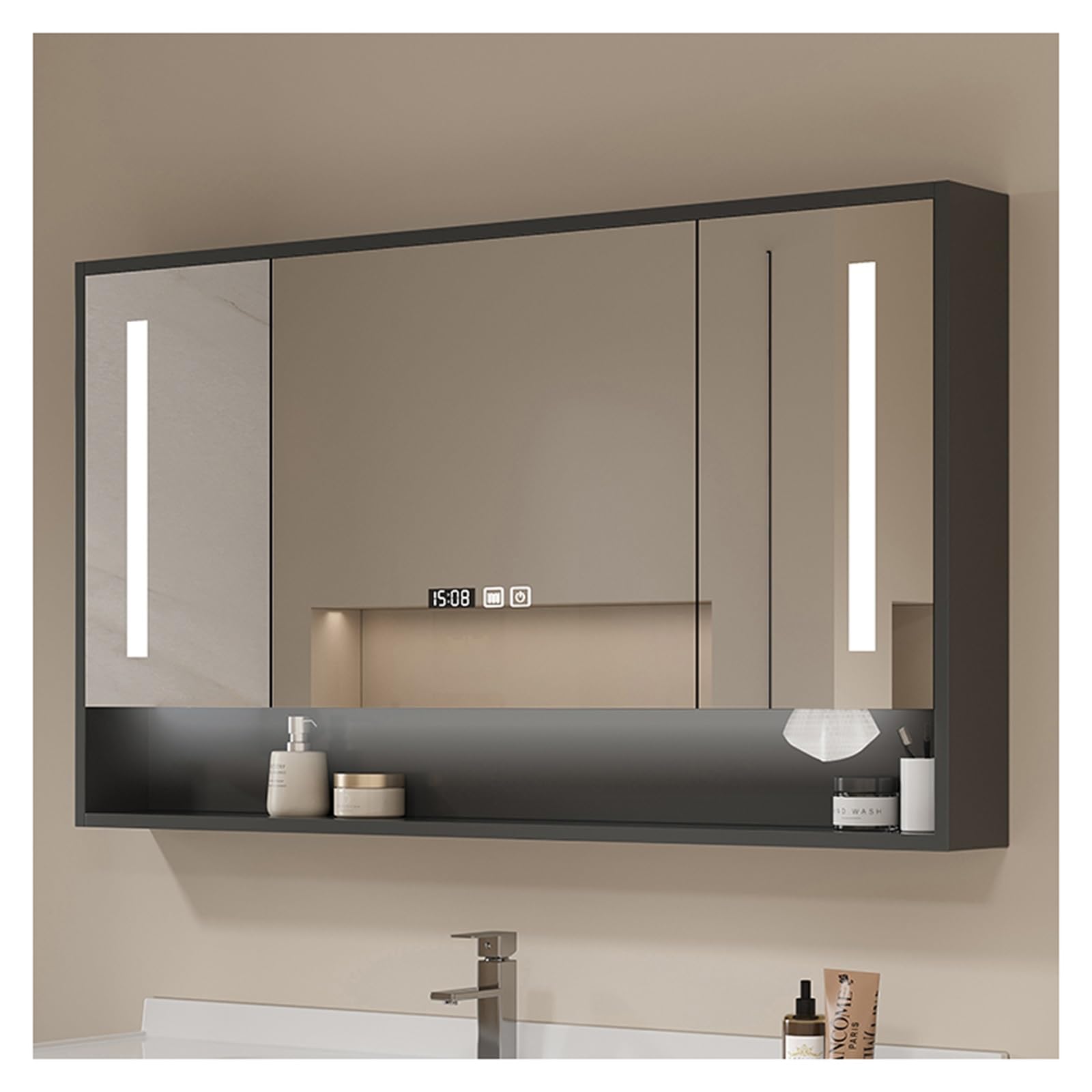 Armario con espejo de tocador iluminado con luz antivaho, luz de temperatura ajustable, almacenamiento con puerta, armario con espejo de baño (39.4 x 27.6 pulgadas)