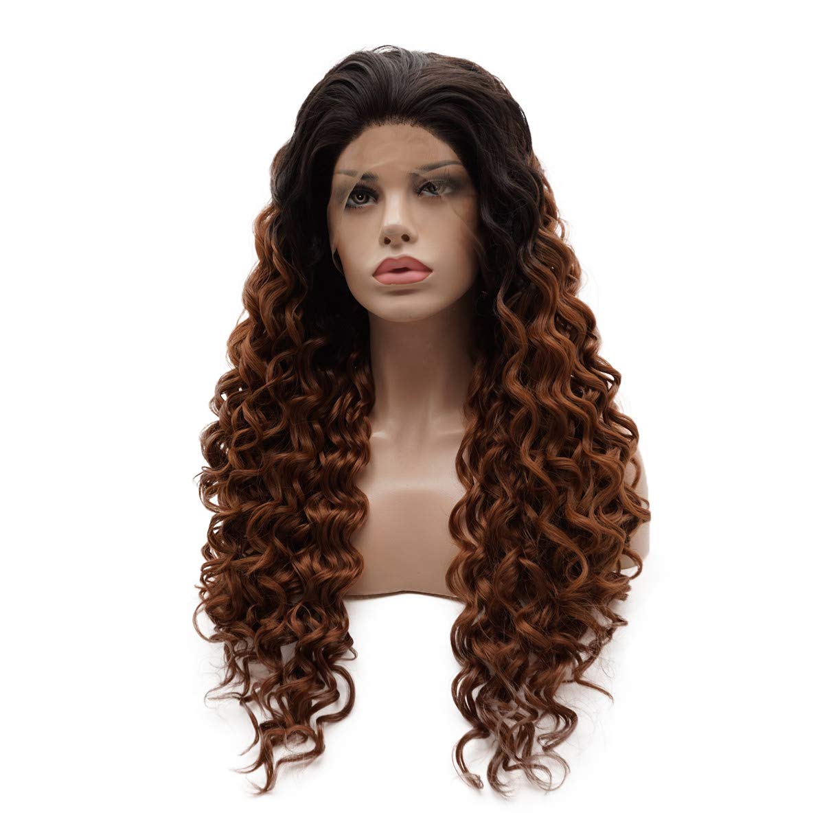 Lushy Kinky Curly Long 26inch Dark Root Auburn Ombre Wig Heavy Density Realistic Stylish Synthetic Lace Front Wigs