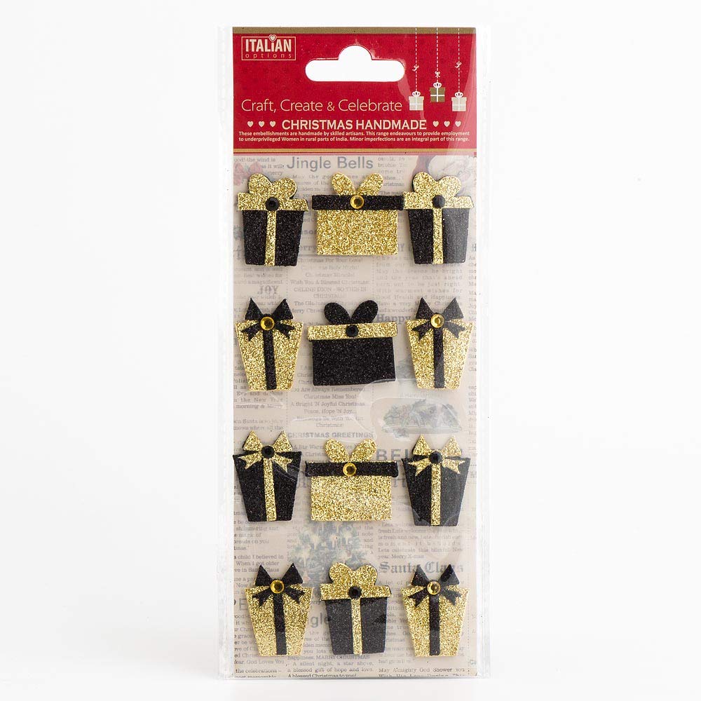 Italian Options Black Gold Glitter Presents Christmas Craft Decorations (Pack of 12)