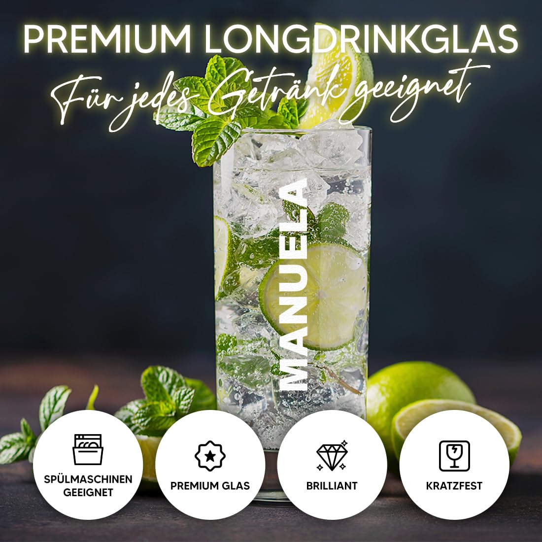 polar-effekt Longdrinkgläser 485 ml 6er Set mit personalisierter Gravur - Gläser mit Namen - Geschenke für Sie und Ihn - ideal für Bier, Wasser, Saft und Gin Tonic