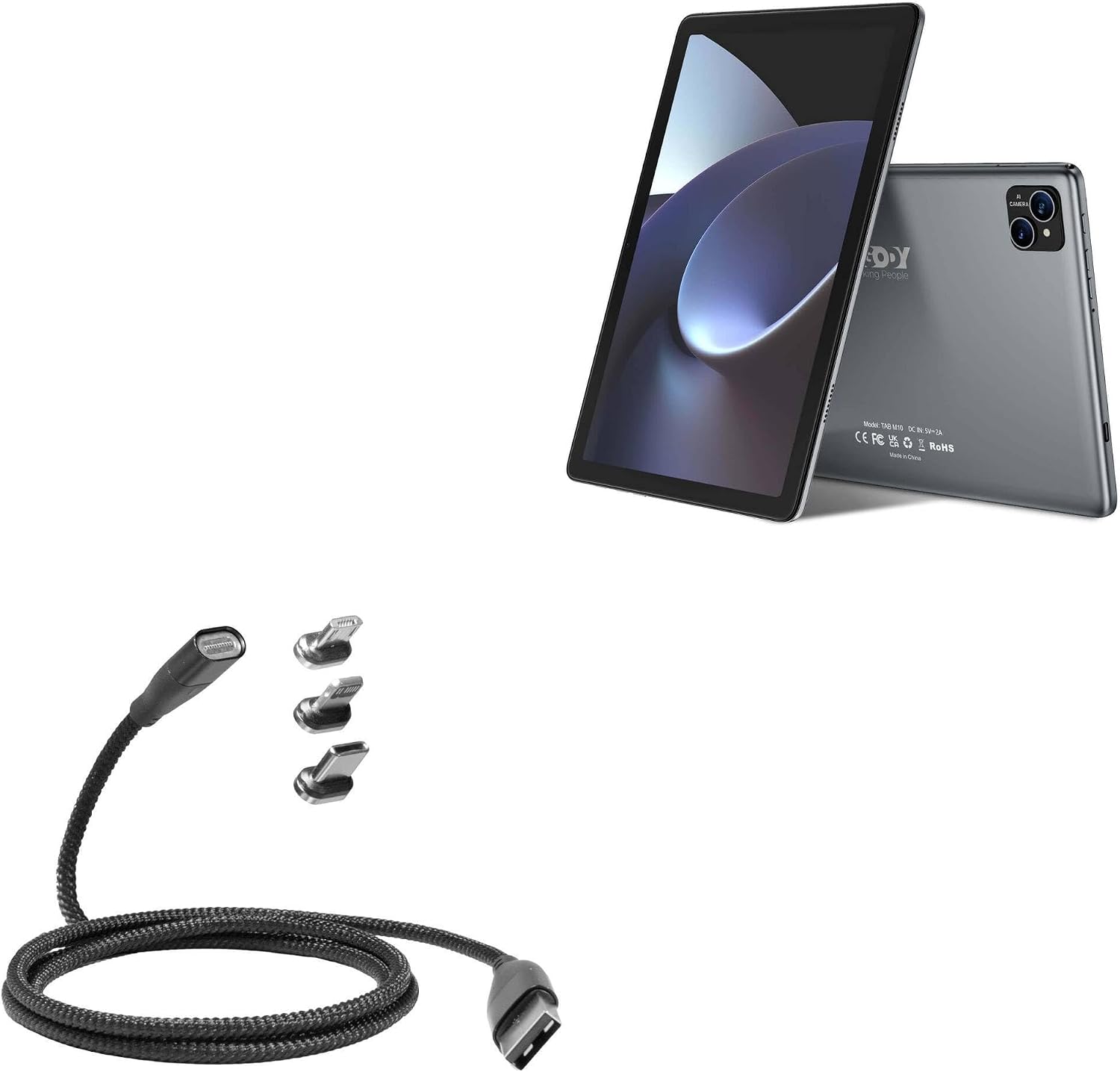 BoxWave Cable Compatible with Xgody M10 (10.1 in) - MagnetoSnap PD AllCharge Cable (100W), Magnet Charging Braided USB Type-C Micro - Jet Black