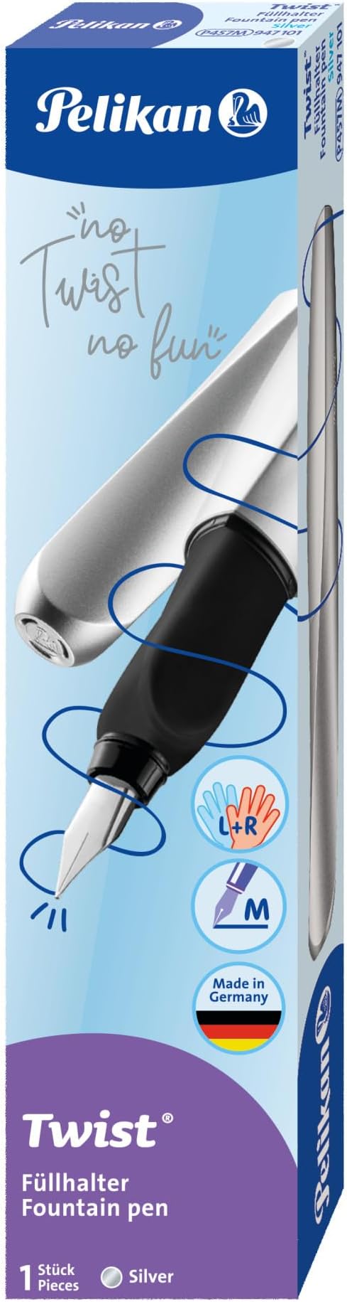 Pelikan Twist Füllhalter, Edelstahl-Feder in Strichbreite M inkl. Tintenpatrone, silber
