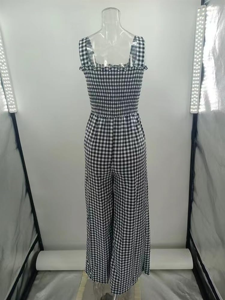 Tuta Da Donna Con Stampa Scozzese Alla Moda Jumpsuits Senza Maniche Con Bretelle Sexy Playsuits Pantaloni Lunghi A Gamba Larga A Vita Media