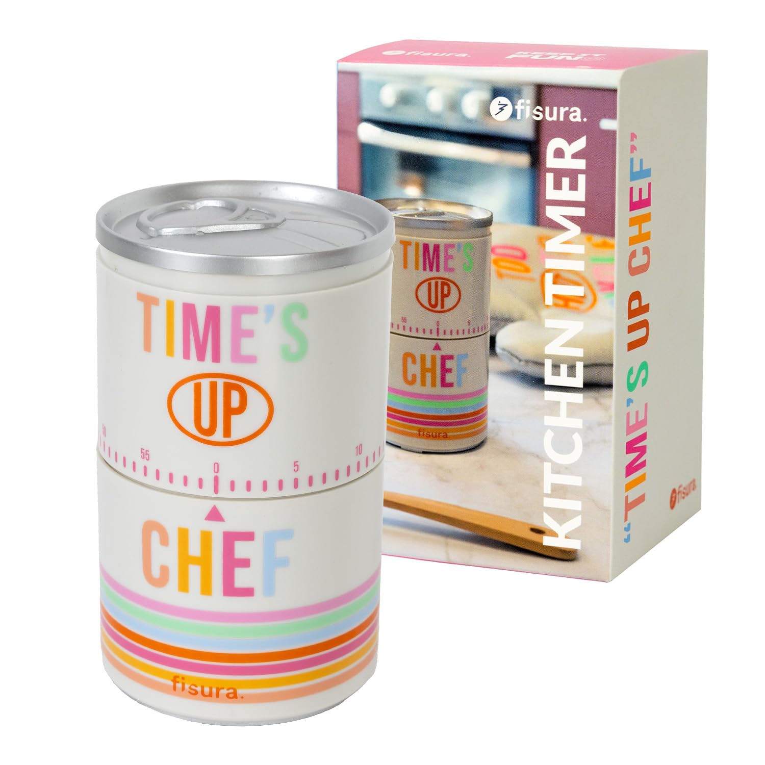 Fisura - Original Kitchen Timer with Tin Shape and Time's Up Chef Message - 60 Minute Analog Kitchen Minute Pomodoro Method Timer